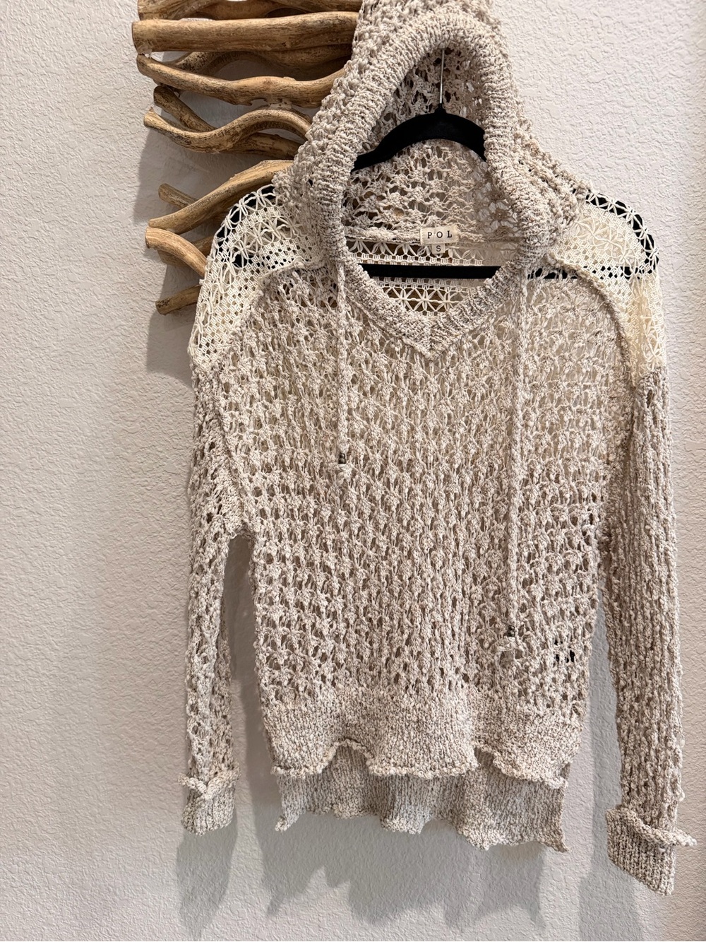 POL Light Cream Open knit Crochet Hooded Sweater shirt sheer sz S - Picture 2 of 4